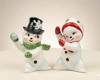 Vintage Style Snowman Couple Figurine Set Inspired by Norcrest Snowball Fight