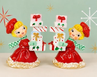 Holt Howard Inspired Shopper Girl Figurine Candle Holders, Kitschy Vintage Christmas Decor