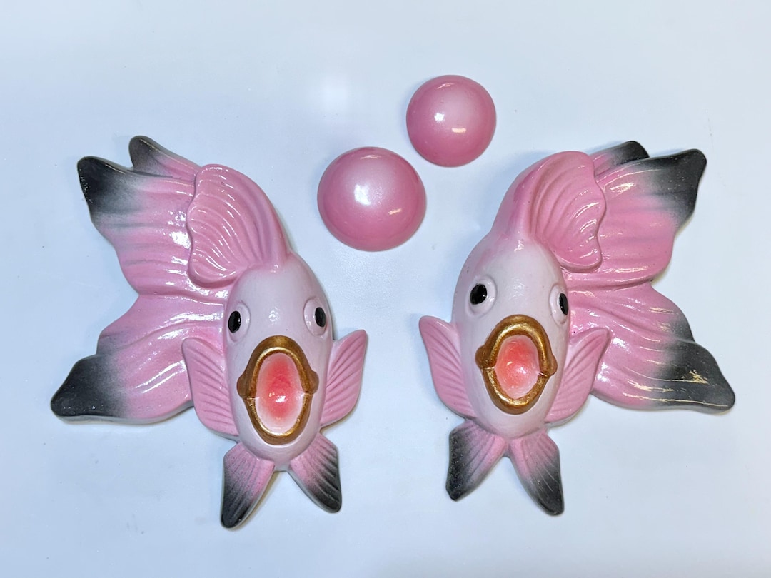 Pink Chalkware Koi Fish Wall Decor: Retro Mid-Century Style, Set of 2