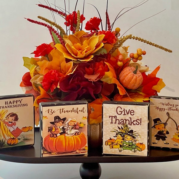 Vintage Thanksgiving Wood Block Sign: Rustic Farmhouse Shelf Sitters