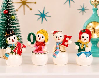 Conjunto de figuras de muñecos de nieve NOEL de estilo vintage, decoración navideña retro.