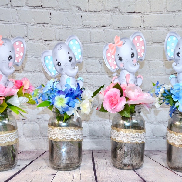 Elephant Baby Shower Decoration Picks, Safari Baby Shower Centerpiece Picks, Pink or Blue *Set of 4* Baby Girl Shower, Baby Boy Shower