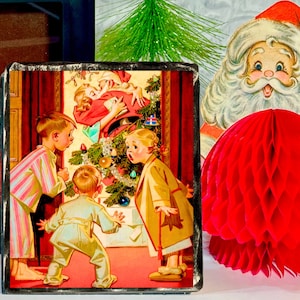 Vintage Christmas Wood Block Sign: Mommy Kissing Santa Shelf Decor