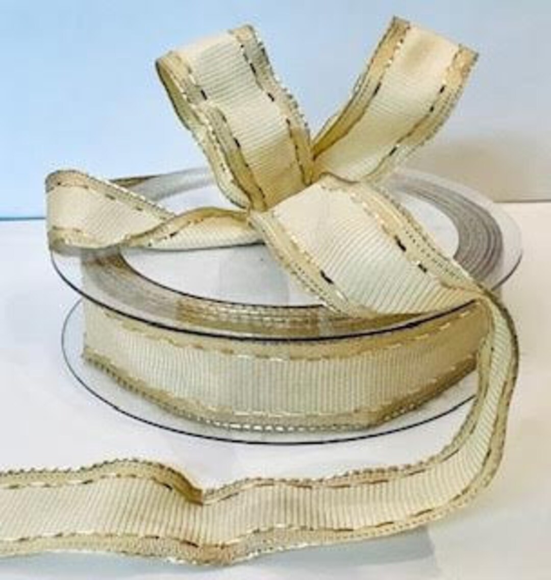Vintage French Wired Ribbon Ecru Beige Metallic Gold Stripe Width 1 ...