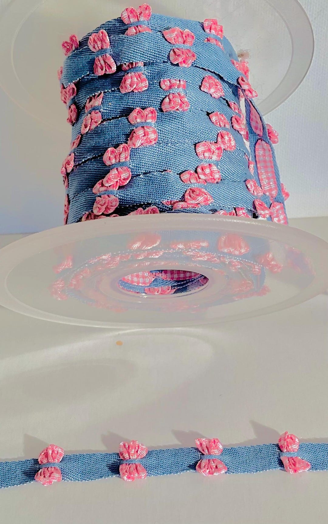 Rococo Ribbon Plate Vintage French Rococo Trim Blue Denim Pink Check Rosette Flower Ribbon ...