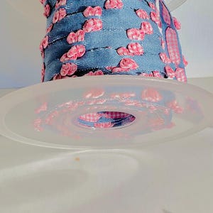 Vintage French Rococo Trim Blue Denim Pink Check Rosette Flower Ribbon W 1/4 Inch By The Yard
