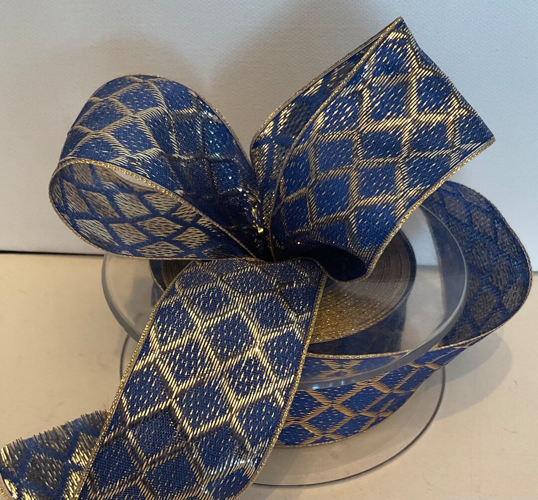 Vintage French Wired Ribbon Blue Gold Crisscross Width 11/2 Inches 5