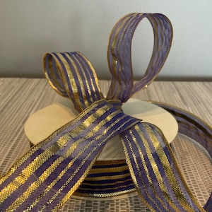 Vintage French Wired Ribbon Purple With Gold Stripes Width 1” 5 Yds