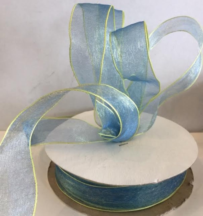 Vintage Offray Blue Yellow Edge Gossamer Wired Edge Sheer Ribbon Width 58 11-12 Yards