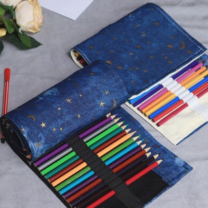 Pochette enroulable en toile pour crayons, emballage en rouleau pour stylos en tissu denim dorure lune et étoiles, trousse de rangement pour crayons de dessin