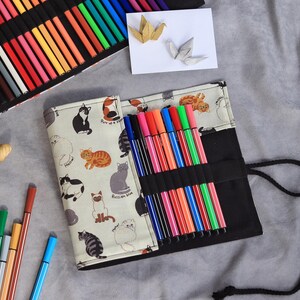 Cat Print Canvas Pencil Case Roll: Art Supply Organizer