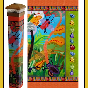May include: A 41-inch tall painted wooden post with a solar light on top. The post is decorated with a colorful bug theme, featuring a variety of insects, including beetles, butterflies, and ladybugs. The post is painted in bright colors, including red, green, blue, yellow, and orange. The text "41" Bug's Life" is printed at the bottom of the post.