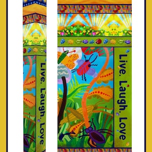 May include: A 64-inch tall wooden peace pole with a colorful design featuring bugs, flowers, and the text "Live. Laugh. Love". The pole is painted in shades of orange, yellow, green, blue, and red.