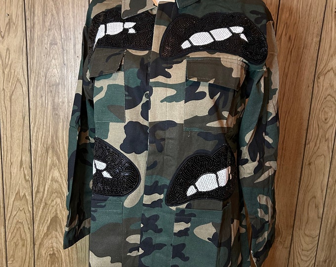 Womens Camo Shacket / Jacket W/sequin Lips Etsy