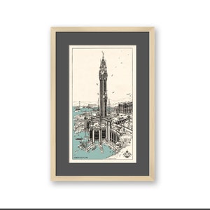 May include: A framed architectural print titled GENOVA - Torre della Pace, 1917. The artwork features a tall, ornate tower in black ink on a cream background, set against a light blue harbor scene with ships, buildings, and birds in flight.