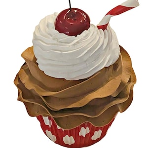 May include: A chocolate cupcake with white frosting and a red cherry on top. A red and white striped straw is sticking out of the frosting. The cupcake is in a red and white polka dot cupcake liner.
