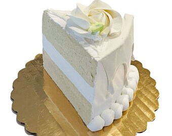 DEZICAKES Fake Piece of Wedding Cake White Drizzle w/ White Rose Slice of Cake Decoration Dezicakes