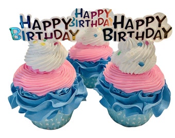 DEZICAKES Fake Cupcakes Happy Birthday Cupcakes Blue Pink White Set of 3 Prop Decoration Dezicakes