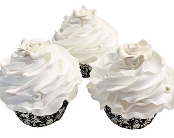 DEZICAKES Fake Cupcakes Black Tie Formal Black & White Cupcakes w/ Rose SET of 3 Decoration Dezicakes