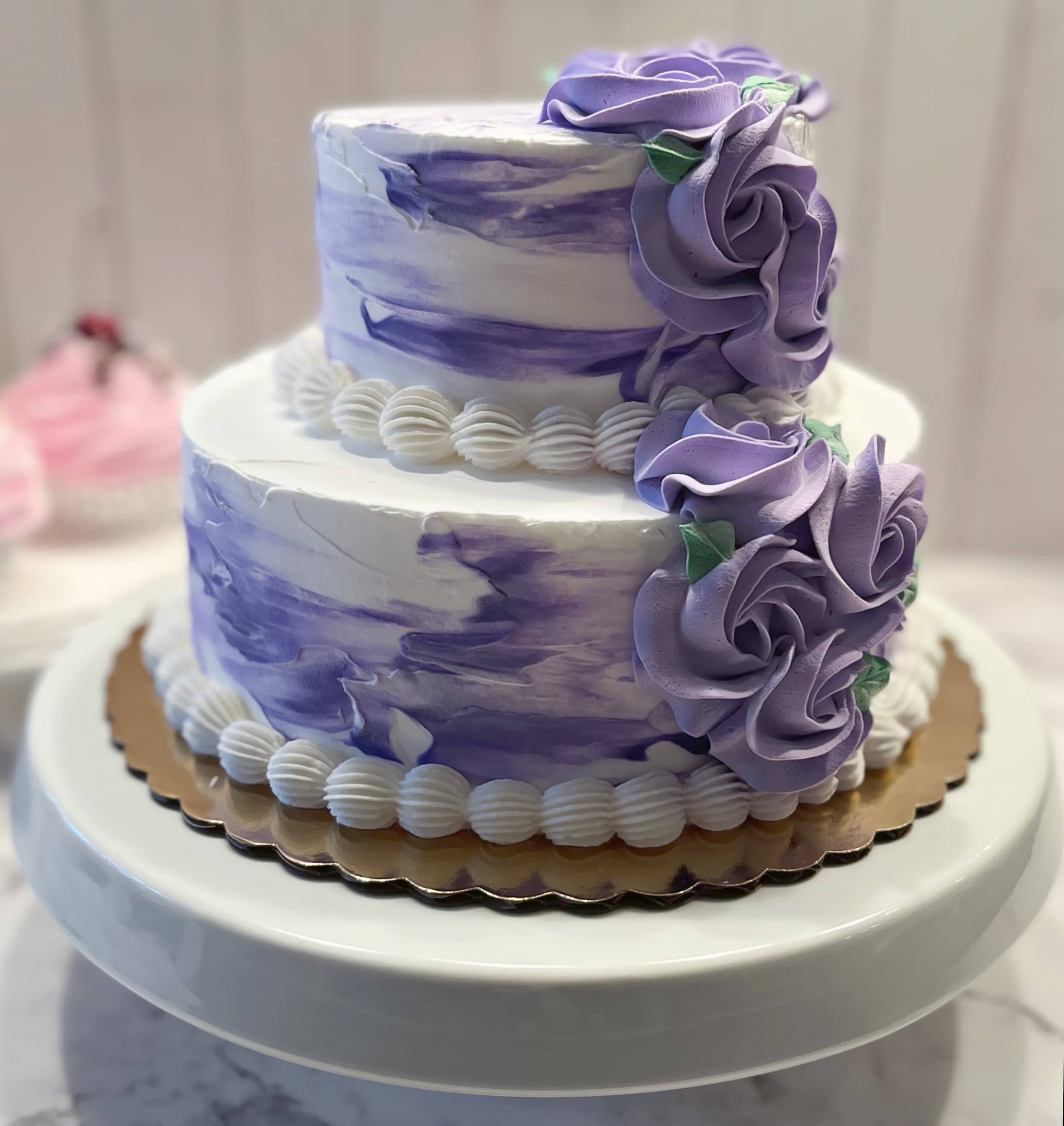 DEZICAKES Fake Wedding Cake Purple & White Two Tier Cake Prop