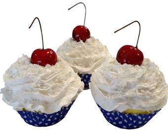 DEZICAKES Fake Cupcakes White Coconut w/ Cherry Set of 3 Blue Prop Decoration Dezicakes