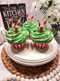DEZICAKES Fake Christmas Gingerbread Man Cupcakes  Green SET of 3 Red Stripe Prop Decoration
