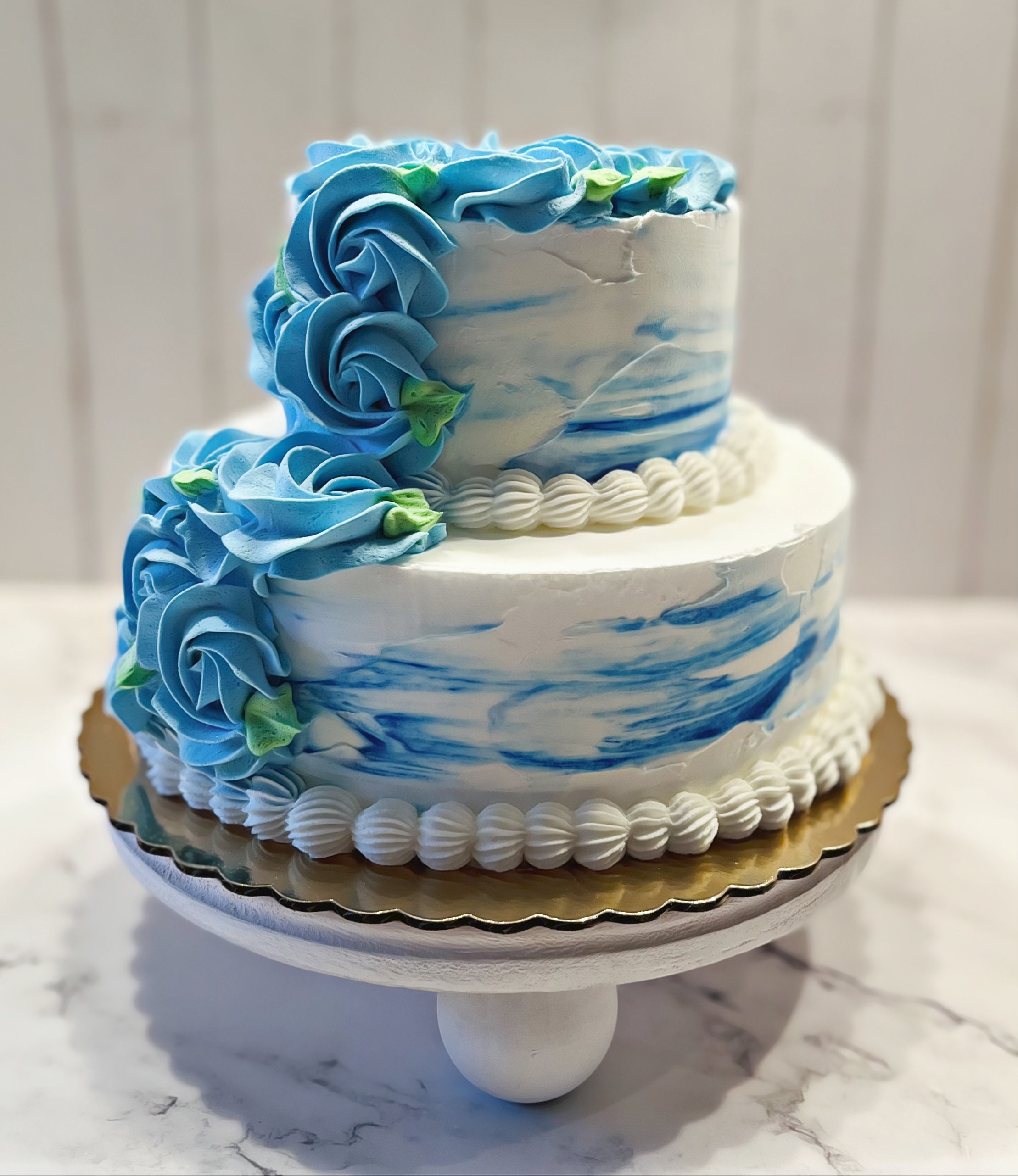 DEZICAKES Fake Wedding Cake/ Baby Shower Blue & White Blue Flowers