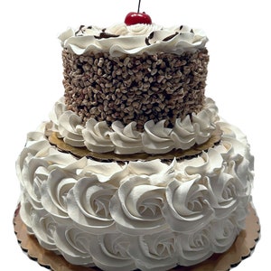 DEZICAKES Fake Two Tier Cake Nutty Top Layer with White Rosettes Prop Decoration Dezicakes