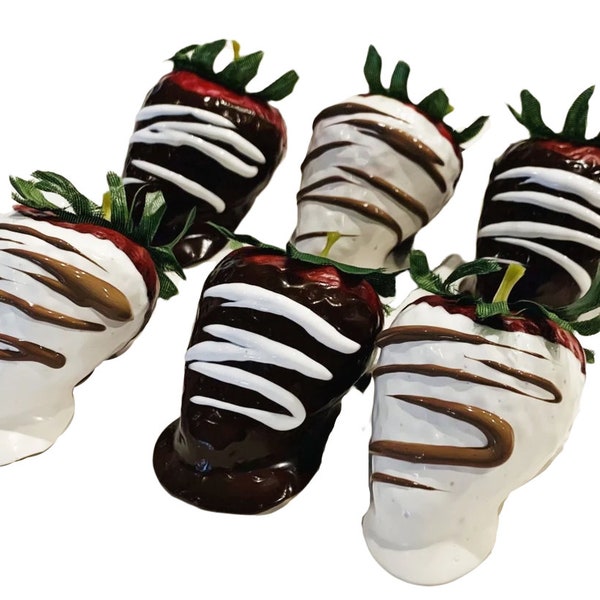 DEZICAKES Fake Strawberries Dipped JUMBO Dark Chocolate & White Chocolate  -SET of 6 -Prop Decoration Dezicakes