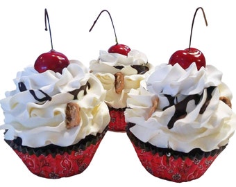 DEZICAKES Fake Cupcakes Country Cookie Dough in Red Bandana Set of 3 Prop Decoration Dezicakes