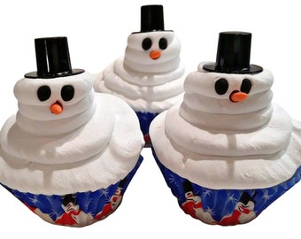 DEZICAKES Fake Cupcakes Snowman Christmas White w/ Hat SET of 3 Prop Decoration Dezicakes