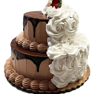DEZICAKES Fake Cake Two Tier Half & Half Chocolate Drizzle White Rosette Prop Decoration Dezicakes