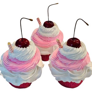 DEZICAKES Fake Cupcakes Strawberry Milkshake Pink & White w/ Cherry SET of 3 Prop Decoration Dezicakes
