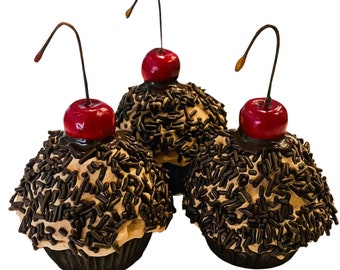 DEZICAKES Fake Cupcakes Chocolate Cherry Sprinkles Set of 3 Prop Decoration Dezicakes Fake Food- Fake Cake- Home Decoration