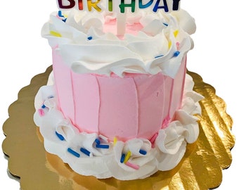 DEZICAKES Fake Mini Happy Birthday Fake Cake Pink Prop Decoration Dezicakes