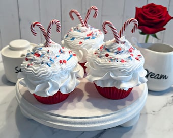 DEZICAKES Candy Cane Christmas Fake Cupcakes Set of 3