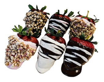 DEZICAKES Fake Strawberries Dipped JUMBO Dark Chocolate & White Chocolate Nuts -SET of 6 -Prop Decoration Dezicakes