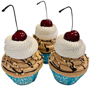 DEZICAKES Fake Cupcakes Chocolate Cherry Set of 3 Prop Decoration Dezicakes