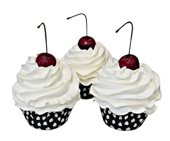 DEZICAKES Fake Cupcakes Vanilla Cherry Set of 3 Prop Decoration