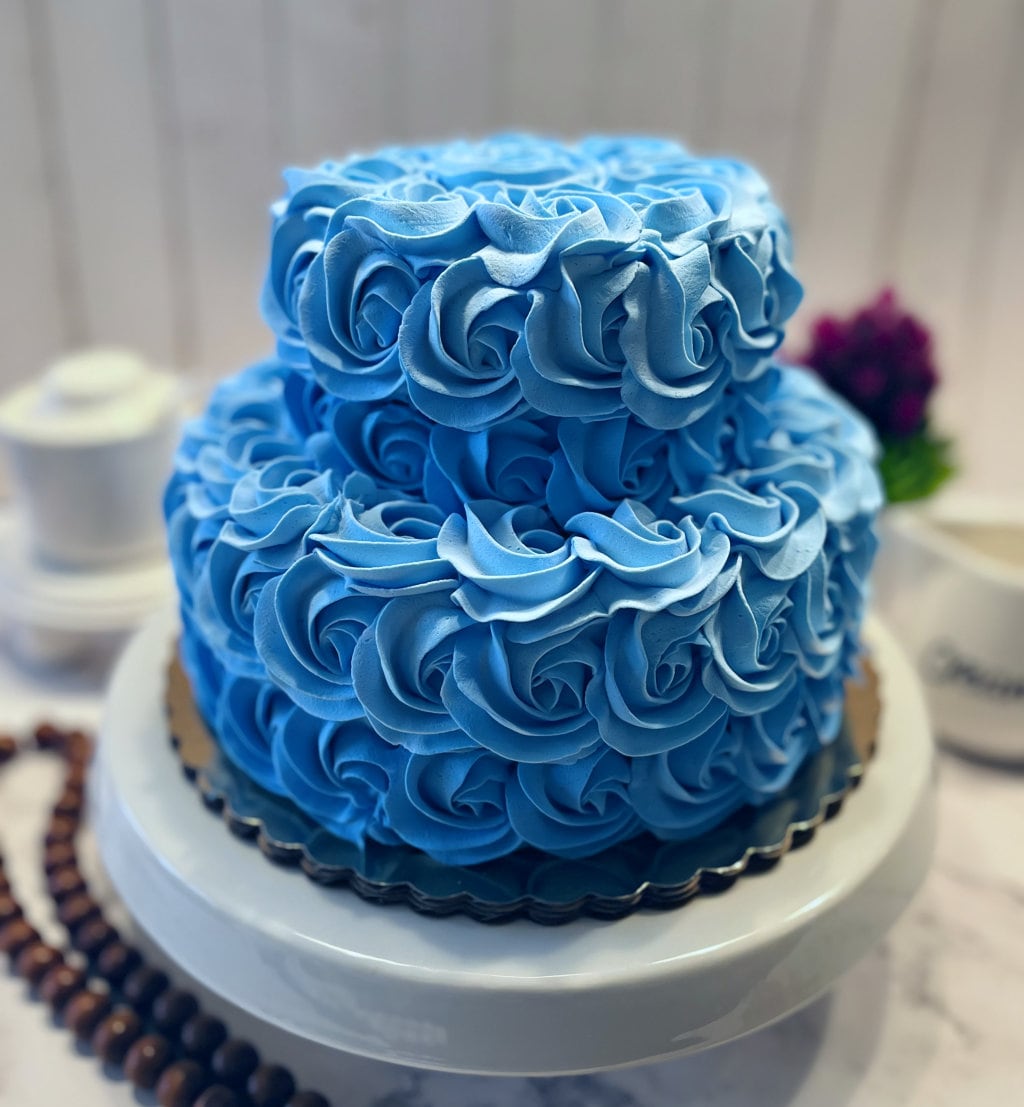 DEZICAKES Fake Cake Two Tier Blue Ombre Rosette Cake Prop
