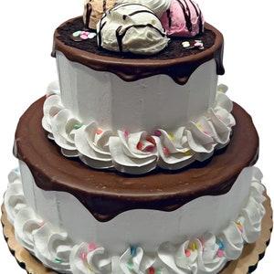 DEZICAKES Fake Cake Two Tier Sundae Cake Ice Cream Confetti w/ Drizzle Prop Decoration Dezicakes