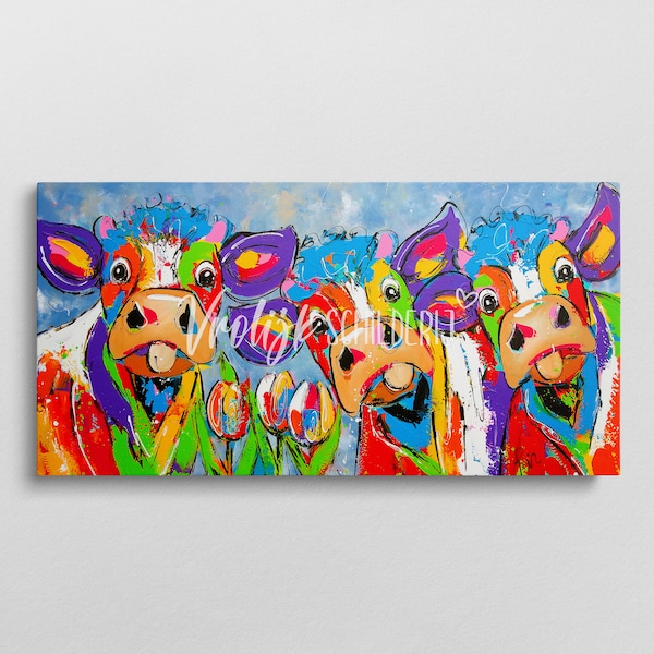 Peinture de vaches heureuses et joyeuses | Décoration murale | Couleurs haut de gamme | Peinture sur toile | Art de la ferme
