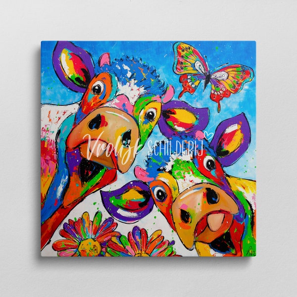 Pintura de vacas felices | Decoración de paredes | Colores premium | Pintura sobre lienzo | arte agrícola