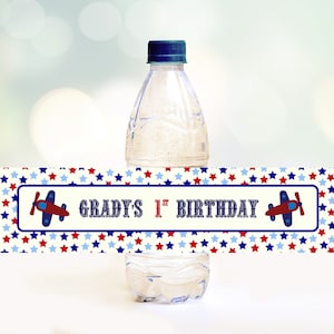 Flugzeug Wasserflasche Etikett, bearbeitbar, blau rotes Flugzeug, Kindergeburtstag Wasserflasche, bedruckbar, sofortiger Download, Flugzeug Thema Bday Party