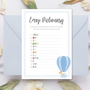 Emoji Pictionary Spiel INSTANT DOWNLOAD Baby Shower Spiele, druckbare Spiele, Junge Baby Shower, leere Spielkarten, blauer Ballon, blau, weiß