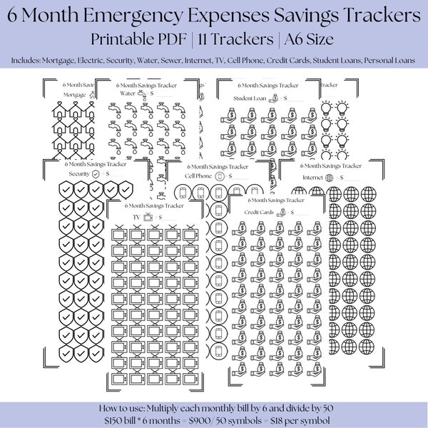 6 Month Emergency Expenses Savings Trackers, Emergency Savings Trackers, 6 Month Emergency Fund, Savings Trackers, Savings Printable