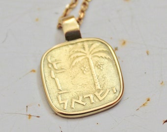 Collar con moneda de oro para mujer, joyería israelí de oro, collar con medallón de oro de 14k, collar de oro macizo de 14k, collar con palmera MINI