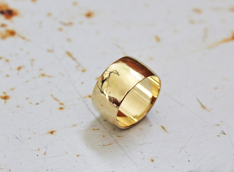 Gold Wide Band Ring, 14K Gold Wedding Band, Wide Wedding Band Gold Band Ring Cigar Band Ring Gold Flat Gold Band barrel ring image 2