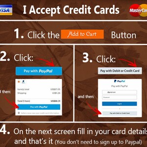 May include: A graphic showing how to pay with a credit card on a website. The steps are: 1. Click the "Add to Cart" button. 2. Click "Pay with PayPal". 3. Click "Pay with Debit or Credit Card". 4. On the next screen, fill in your card details. You don't need to sign up to PayPal.