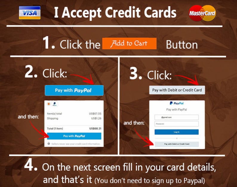 May include: A graphic showing how to pay with a credit card on a website. The steps are: 1. Click the "Add to Cart" button. 2. Click "Pay with PayPal". 3. Click "Pay with Debit or Credit Card". 4. On the next screen, fill in your card details. You don't need to sign up to PayPal.